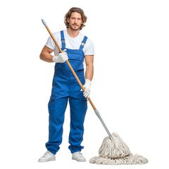 Professional Janitor with Mop Cleaning Service Expertise isolated on transparent Background