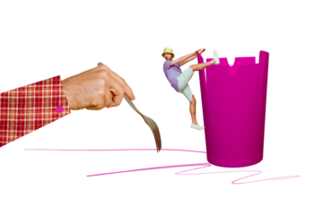 Creative abstract template collage of funny little man climb food bucket package avoid hand holding fork magazine surrealism metaphor
