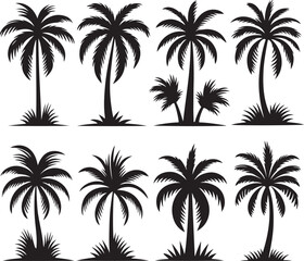 Palm tree silhouettes on a tropical summer landscape with beach and nature elements