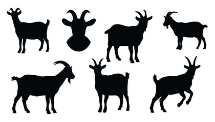 Set of black silhouettes of goats on a white background. Vector illustration