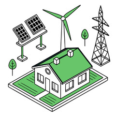 A modern house with solar panels and a wind turbine represents a sustainable and ecofriendly energy solution