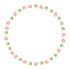 Round wreath of sea glass in hand drawn watercolor style. Translucent pink and green pebbles form a coastal circle. Perfect for summer card template design and other tropical holiday projects.