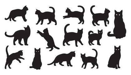 Set of black cat silhouettes on a white background. Vector illustration.