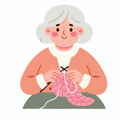 Elderly woman knitting with a smile