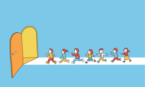 推進力のイメージイラスト　チーム一丸となって次のドアに向かう人々