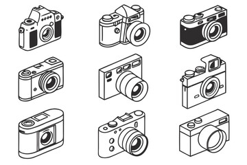 A collection of retro and modern camera icons isolated on white background, showcasing various styles and designs