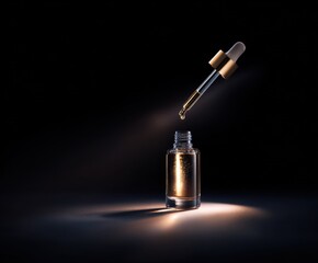 Elevated close-up of a golden liquid dripping from a dropper into a clear glass bottle against black backdrop.