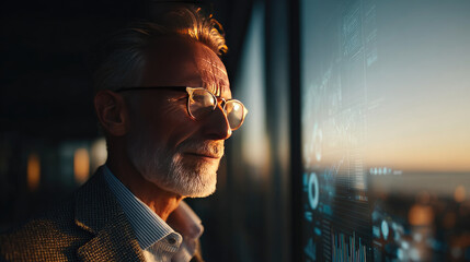 Thoughtful businessman gazes out of window, reflecting on data and technology trends as sun sets, embodying innovation and foresight in fintech industry