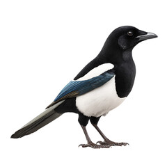 A black and white magpie bird with blue wing feathers standing on a transparent background on transparent background