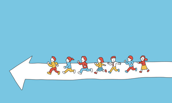 推進力のイメージイラスト　チーム一丸となってゴールに向かう人々