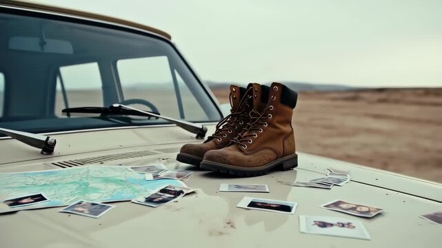 Worn hiking boots, a map, and photos rest on a car hood