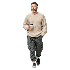 Man Walking City Street Casual Outfit Coffee Cup isolated on transparent Background