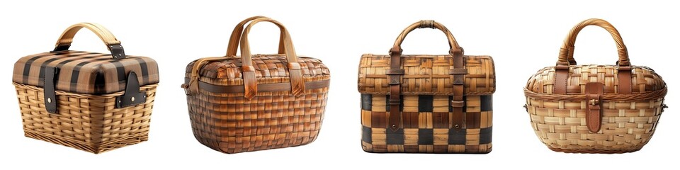 Collection of Handwoven Bamboo Picnic Baskets with Lids and Leather Straps Isolated on Transparent Background