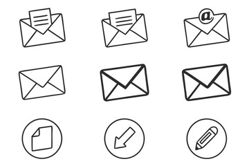A set of simple email and document icons isolated on white background, representing digital communication and file management