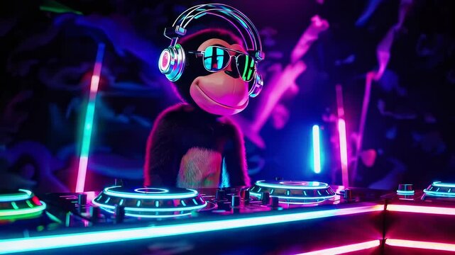 Funny animated DJ monkey with neon lights and headphones performing electronic music at vibrant party, colorful 3D loop animation