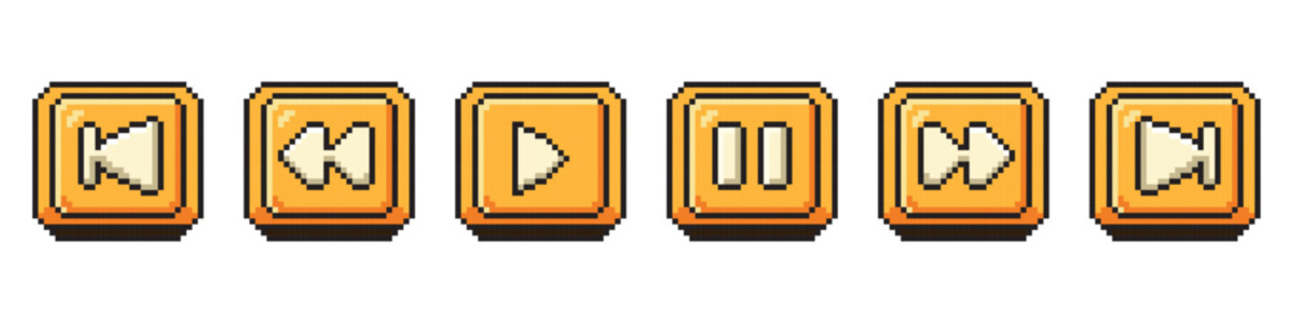 A set of media control buttons in pixel art style. Perfect for retro games, UI kits and 8-bit interfaces.