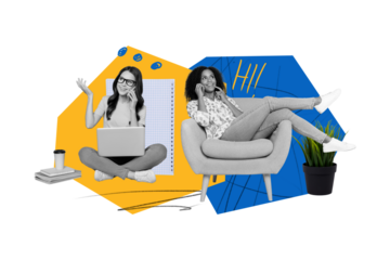 Composite collage picture of two black white colors cheerful girls speak telephone sit chair study use netbook isolated on creative background