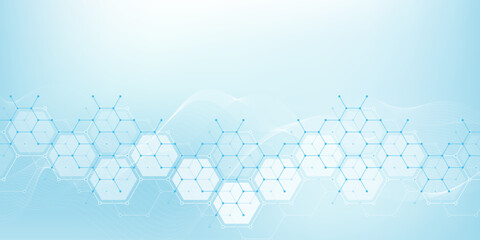 Health care or medical abstract background with hexagons, lines and dots. Scientific innovation banner template concept. Biology and pharmaceutical technology background. Vector illustration.