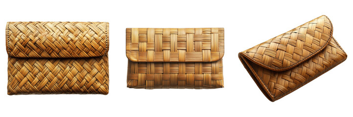Set of Bamboo Clutches with Sleek Finishing and Traditional Wicker Weave Patterns Isolated on a Transparent Background