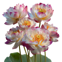 A cluster of lotus flowers with pink edges and yellow centers blooming isolated on transparent background