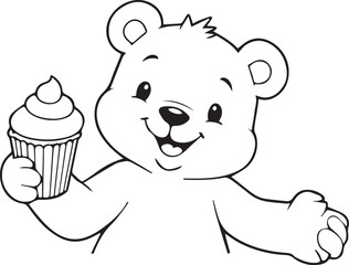 cute teddy bear with icecream black and white line art simple outlined drawing illustration vector printable coloring page on transparent background