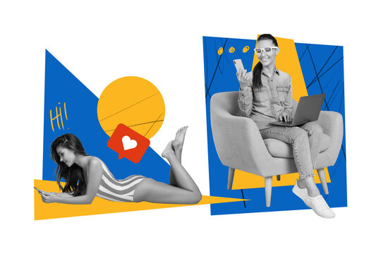 Collage illustration black white filter two beautiful charm young ladies chat together vacation sunbathe trader blue yellow background