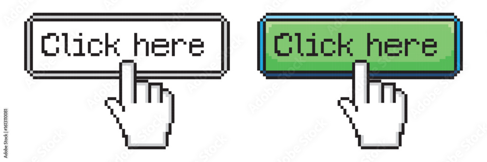 Aufkleber click here button with hand icon. pixel style vector