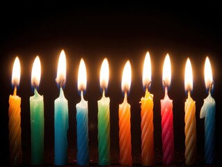 Illuminated row of colorful candles with vibrant flames against a dark backdrop. A festive arrangement.