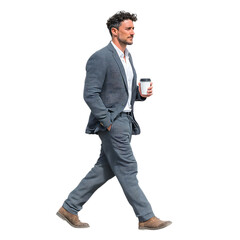 Professional Man Walking Business Attire Coffee Cup City Commute Stylish Suit Grey Suit Male Model Urban Lifestyle Business Casual isolated on transparent Background