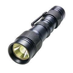 Compact black tactical flashlight with textured grip isolated on transparent background