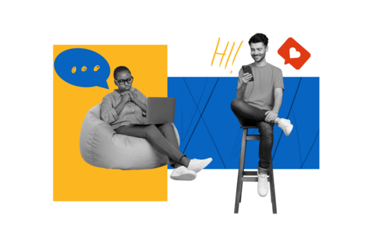 Collage picture illustration black white filter two young people communication together reaction like comment eyewear bubble