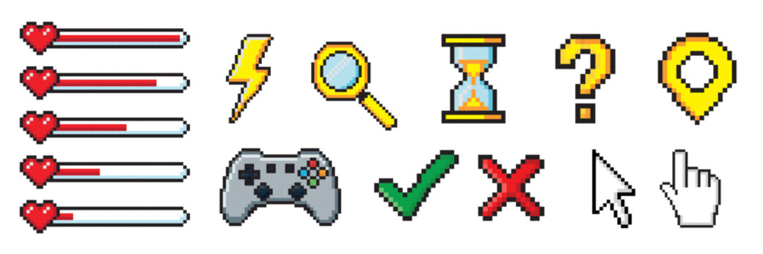 Pixel game menu buttons. Game 8 bit ui controller arrows, level and live bars, menu, stop, play buttons vector illustration set. Gaming menu buttons. Game interface pixel, gui 8-bit graphic.