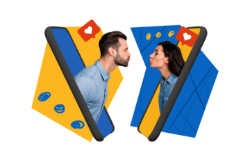 Artwork collage picture of two people inside smart phone display kiss like notification isolated on creative background