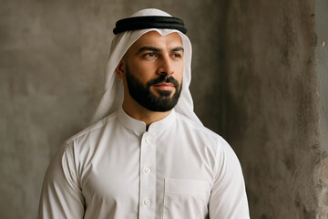 Confident Middle Eastern man in traditional kandura and agal posing indoors with soft lighting and calm expression.