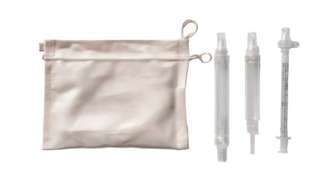 Still life of a white cloth bag with drawstrings and three medical syringes on a black background