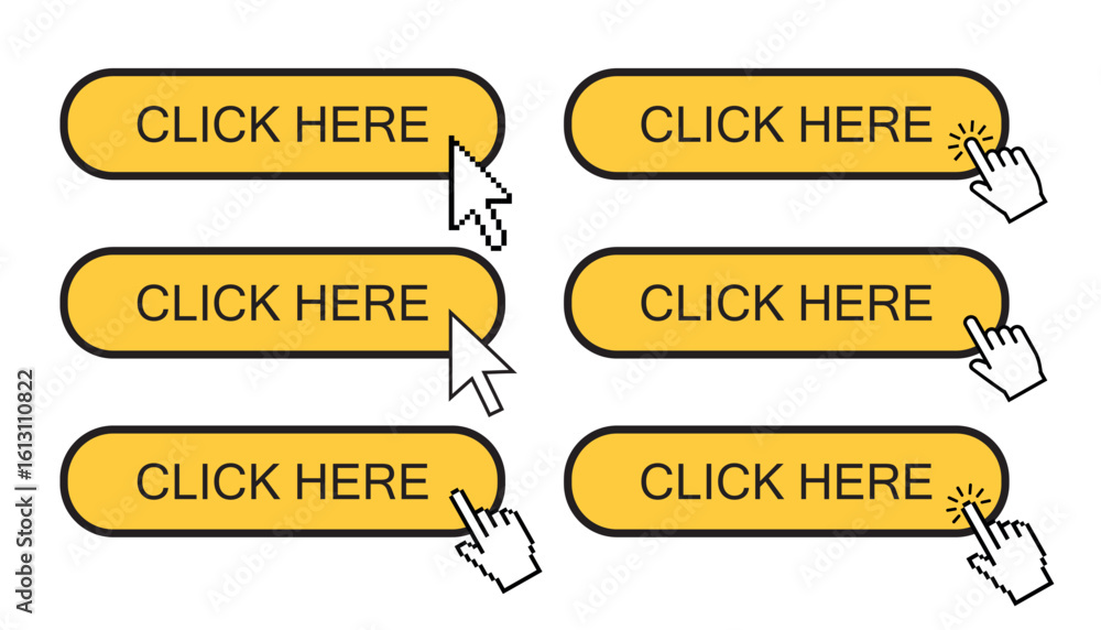Poster click here button with hand icon. set pixel style vector