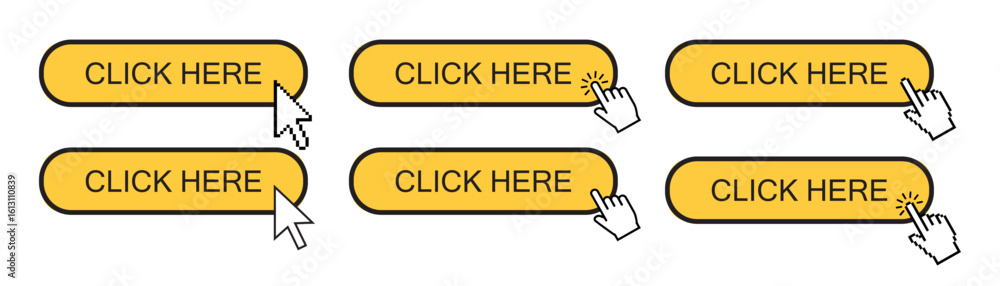 Poster click here button with hand icon. set pixel style vector