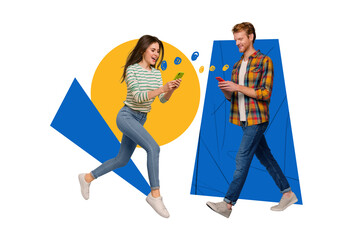 Artwork collage picture of two positive people walk run use smart phone chatting isolated on...