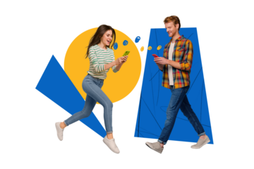 Artwork collage picture of two positive people walk run use smart phone chatting isolated on creative background