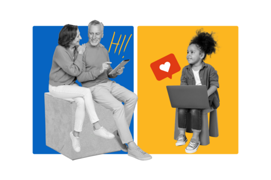 Collage picture of two black white colors aged grandparents use tablet texting hi small granddaughter use laptop like notification