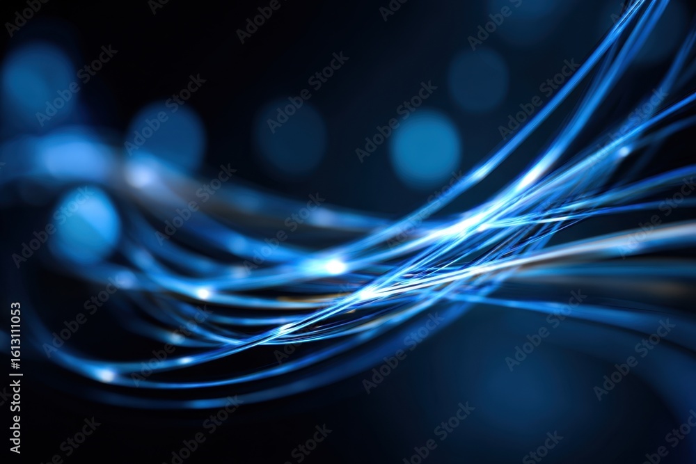 Poster luminous blue strands illuminate the darkness, creating a sense of movement and technological connec