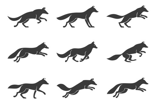 A dynamic array of fox silhouettes in motion, showcasing running and leaping poses, isolated on white background