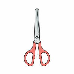 Cartoon-style scissors with coral-red plastic handles and closed silver metal blades.