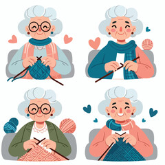 Elderly woman knitting with a smile