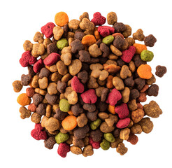 Pile of colorful and nutritious dry pet food with a transparent background