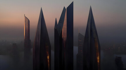 Futuristic Cityscape At Dusk With Tall Buildings