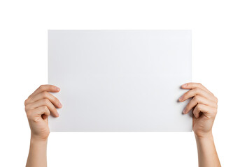 Woman's Hands Holding Blank White Paper, Mockup Design, Advertising, Promo, Isolated on White.