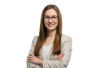 Smiling woman wearing glasses and blazer isolated on transparent background