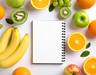 Colorful fruits including bananas, kiwis, oranges, grapes, and apples encircle a blank spiral notebook in this vibrant top-down composition
