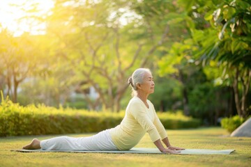 Elegant mature woman finds serenity outdoors with a yoga pose in a picturesque sunlit green park.